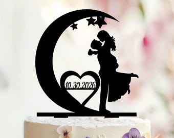 Moon and Stars Wedding Cake Topper, Personalized Date & Pet Silhouette