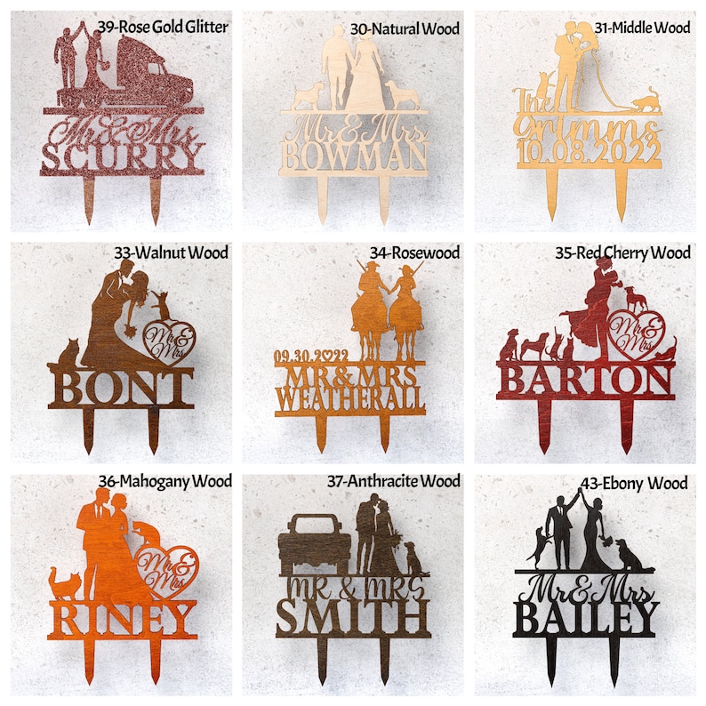 May include: A collection of nine laser-cut cake toppers featuring various silhouettes of couples, pets, and vehicles. Each topper includes personalized surnames, dates, and labels such as Rose Gold Glitter, Natural Wood, Walnut, Rosewood, and Ebony Wood.