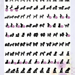 May include: A chart titled New PETS Topper Line featuring a grid of black silhouettes of various dog breeds. Each silhouette is numbered from 101 to 210, with some numbers enclosed in purple circles. The background is white with faint floral accents.