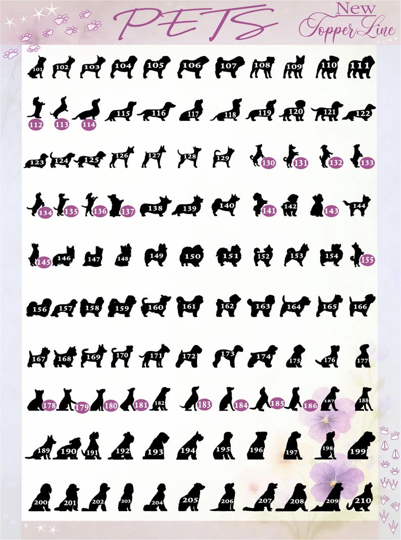 May include: A chart titled New PETS Topper Line featuring a grid of black silhouettes of various dog breeds. Each silhouette is numbered from 101 to 210, with some numbers enclosed in purple circles. The background is white with faint floral accents.