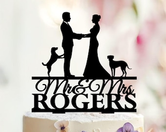 Custom Wedding Cake Topper with Dogs, Couple Silhouette