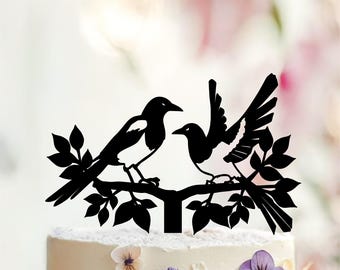 Adorno para tarta de bodas de urraca, pareja de pájaros en una rama, acrílico o madera