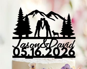 Adorno para tarta de boda gay personalizado, diseño de árbol de montaña, Sr. y Sr.