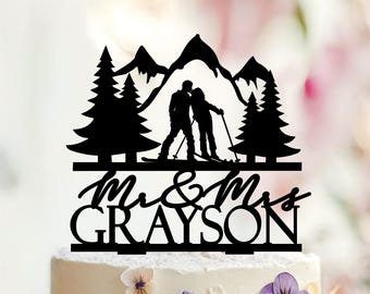 Skiing Couple Wedding Cake Topper, Mountain Theme, Personalized