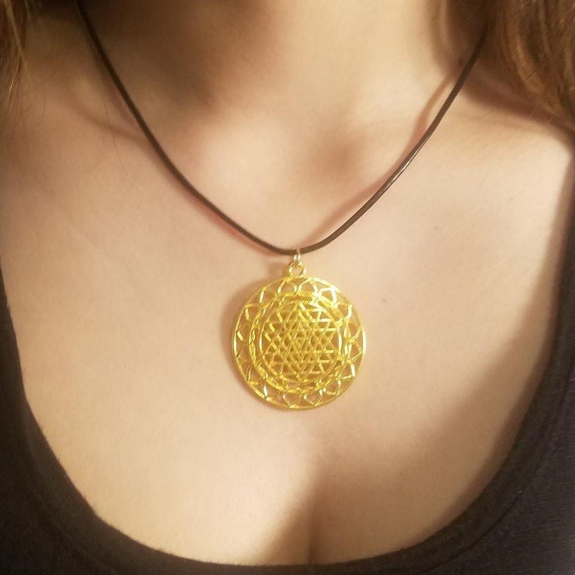 Sri Yantra Pendant Necklace - Lotus Blossom - Meditation Mantra Gold Lotus Blossom