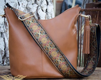 ショルダーバッグ・ポシェット FUNKY WIDE STRAP BAG brown Crossbody Leather Bag With Guitar Strap, Guitar Strap Purse