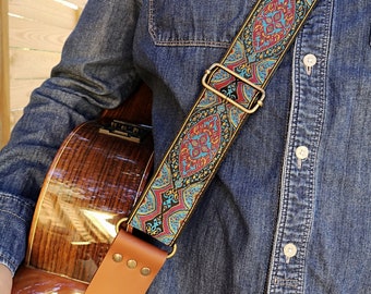 Guitar Strap, Guitar Strap in Vintage and Folk Style, Mythical Guitar Strap 60s, Thick leather ends, for acoustic, electric, bass guitar