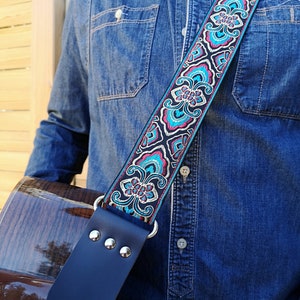 Guitar Strap Vintage and Folk Style, Psychedelic 60&#39;s 70&#39;s, Thick leather ends, for acoustic, electric, bass guitar, gift for guitar player