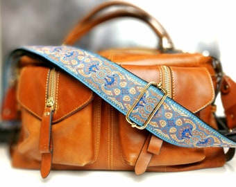 Guitar Strap for Bags and Purses With Arabic Design in Blue Tones