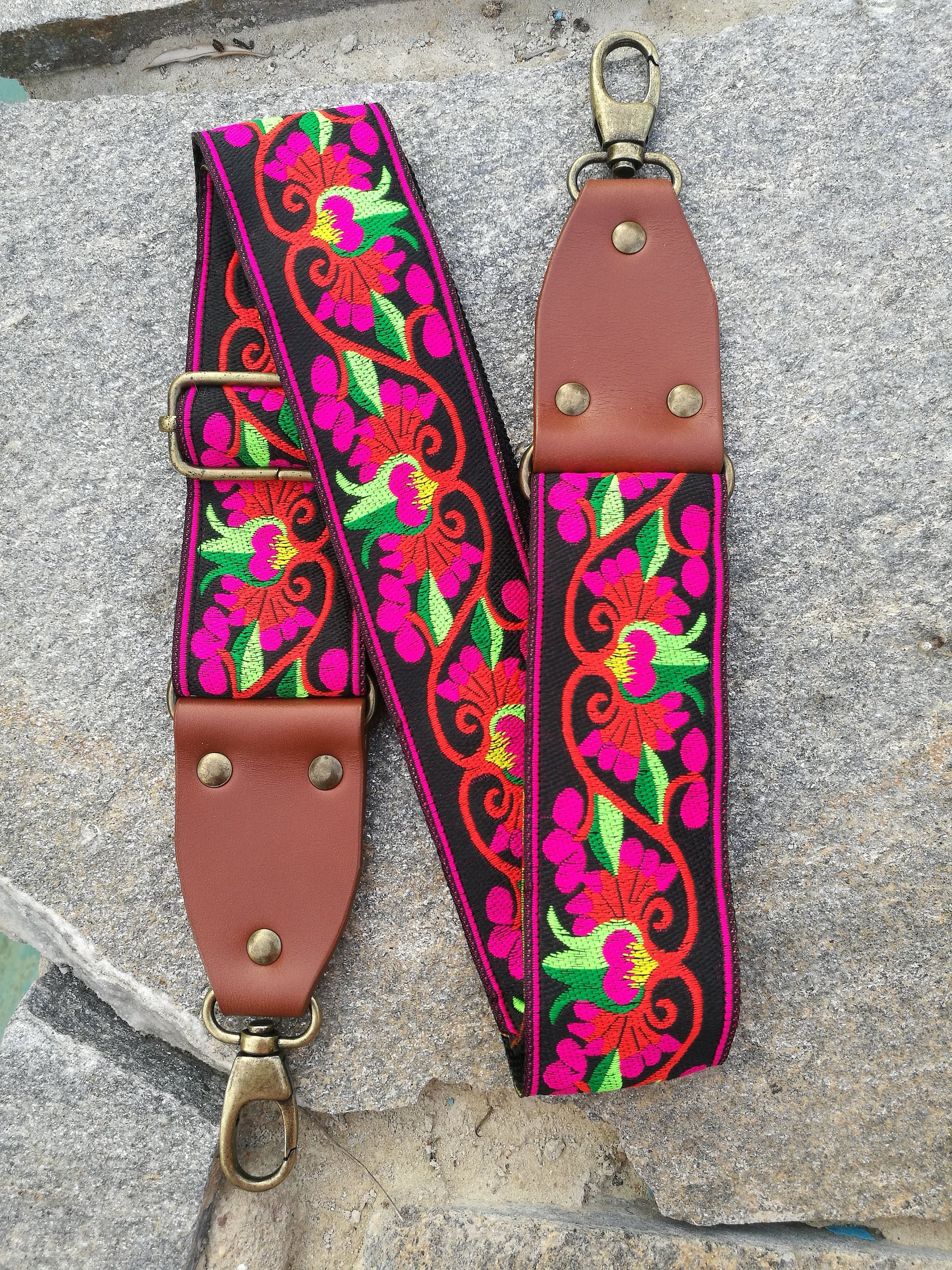 Retro Floral Woven Crossbody Guitar Style Purse Strap - Pink and Black