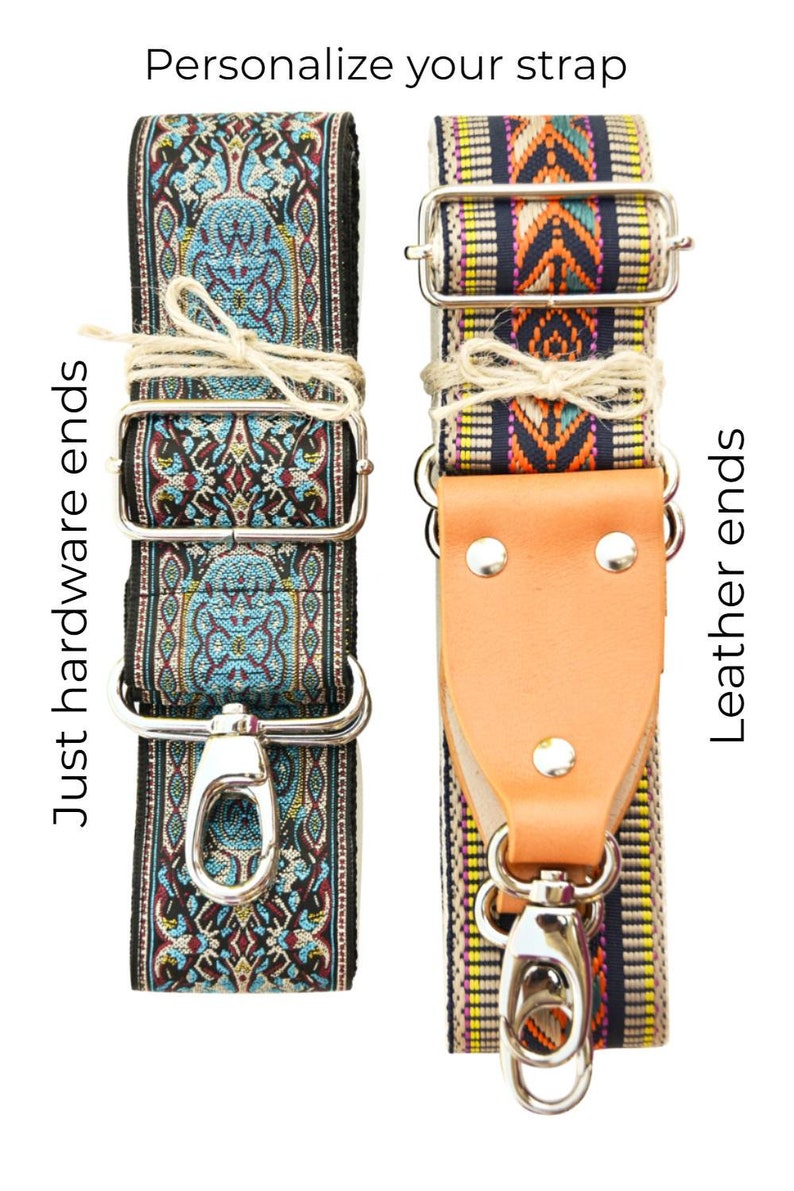 May include: Two camera straps with different end styles. One strap has a silver metal clasp and the other has a brown leather end. Both straps have a colorful woven pattern.