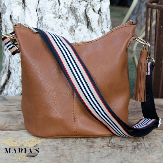 Crossbody Leather Bag With Striped Guitar Strap, Striped Strap
