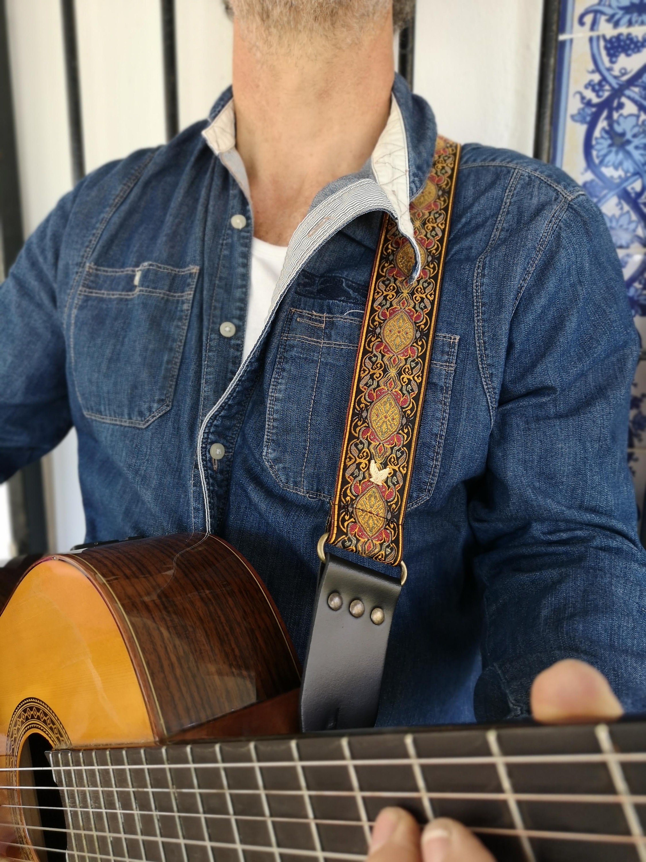 Sangle De Guitare Vintage Brodée - Ajustable, Pour Guitare Acoustique, électrique, Banjo Et Mandoline