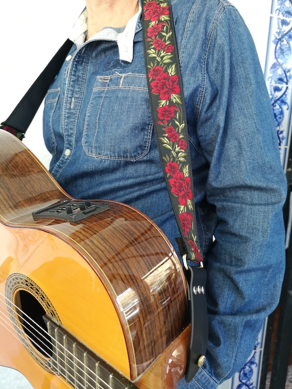 Guitar Strap Vintage and Folk Style, Red Roses 60's 70's, Thick