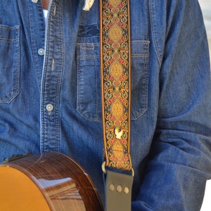Guitar Strap, Guitar Strap in Vintage and Folk Style, Mythical Guitar Strap 60s, Thick leather ends, for acoustic, electric, bass guitar