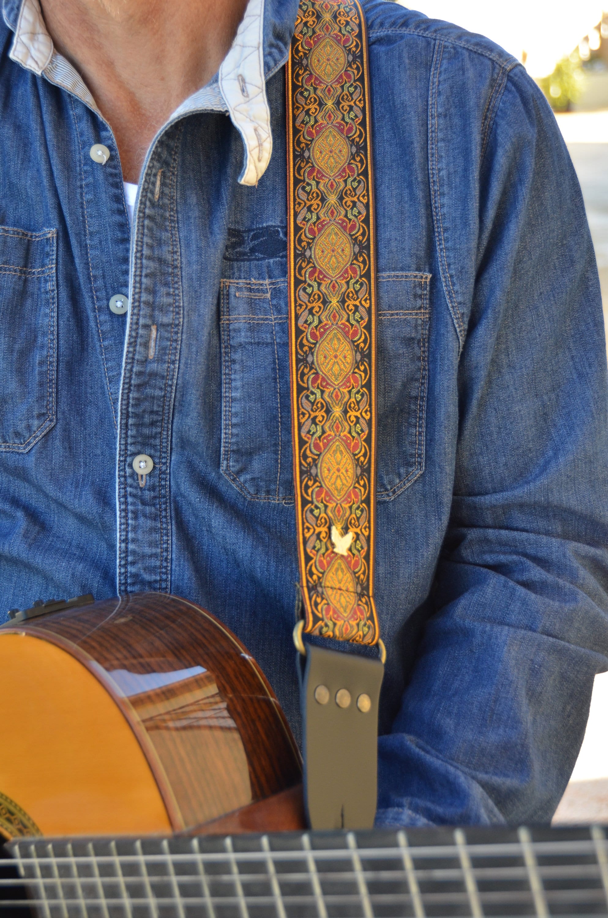 Sangle Guitare Vintage En Jacquard – Réglable 95-163 Cm, Avec Extrémités Cuir Et Accessoires