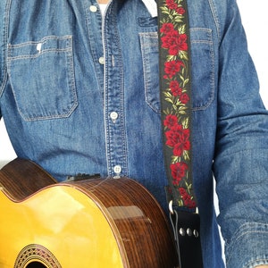Guitar Strap Vintage and Folk Style, Red roses 60&#39;s 70&#39;s, Thick leather ends, for acoustic, electric, bass guitar, gift for guitar player