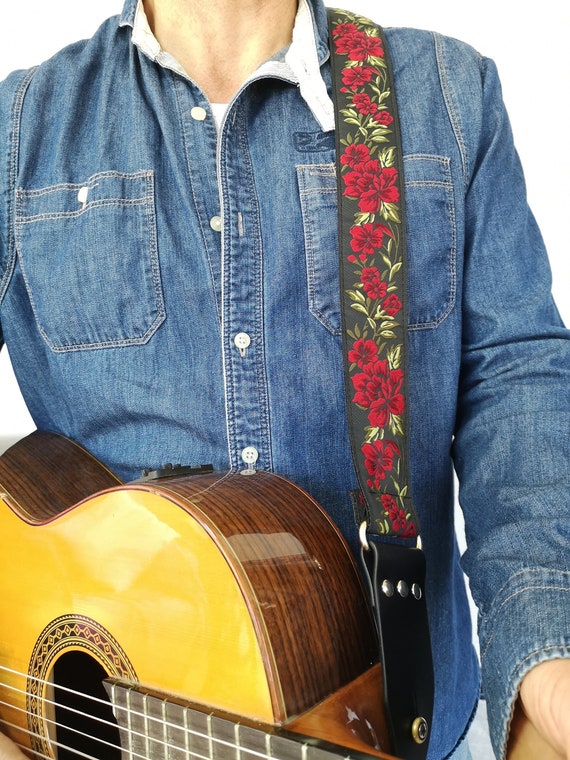 Correa de guitarra estilo vintage y folk, rosas rojas 60's 70's