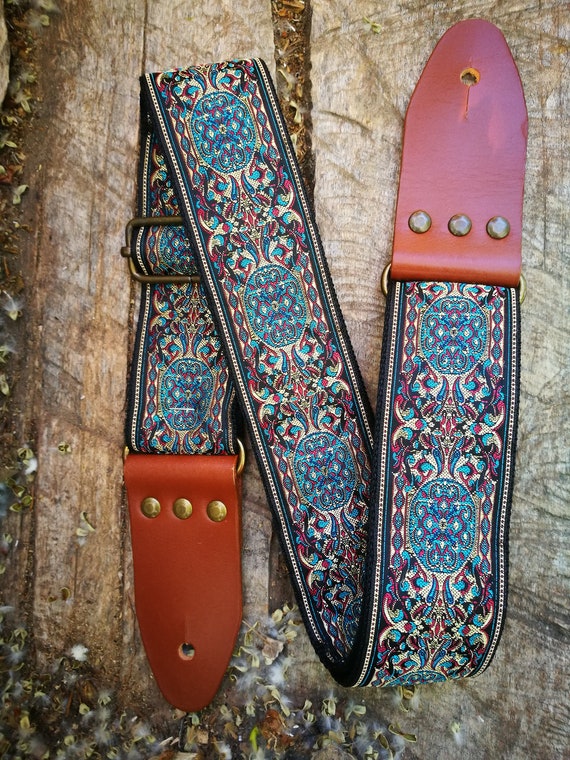 Guitar Strap, Guitar Strap in Vintage and Folk Style, Mythical Guitar Strap  60s, Thick Leather Ends, for Acoustic, Electric, Bass Guitar 
