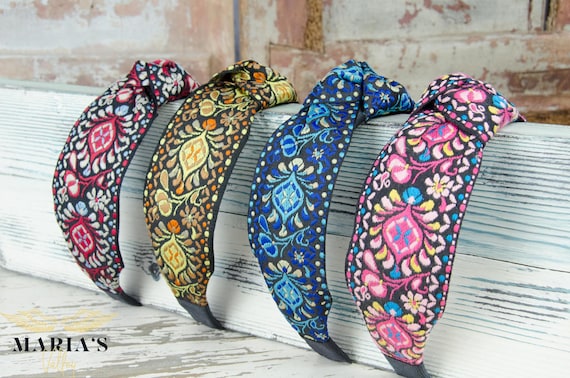 Top Knot Headbands, Embroidered Headband, Comfortable Wide  display picture 3