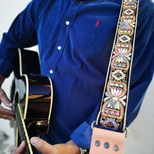 Guitar Strap with sequins details,Vintage and Folk Style, Mythical Guitar Strap 60s, Thick leather ends, for acoustic, electric, bass guitar