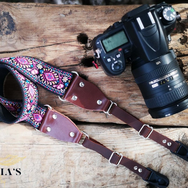 Leather camera strap with quick release connector anchor,  Handmade Camera strap With  Anchor Links, Pink camera strap, 2" inches wide,