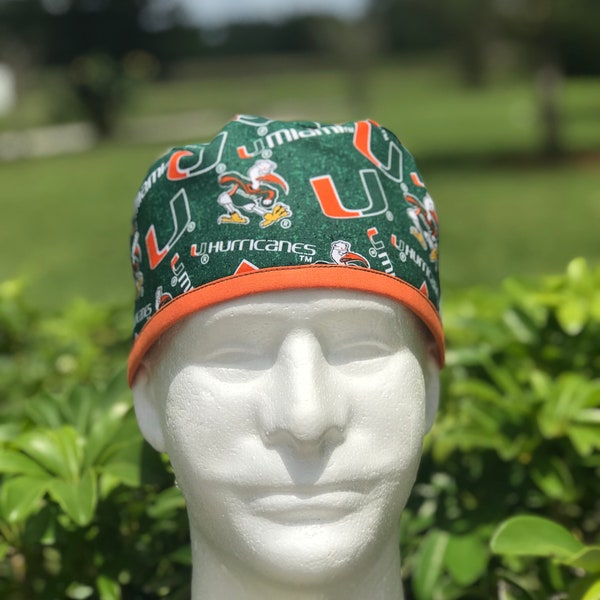 University of Miami “HURRICANES”-Doctor surgical cap w/ name tag,nurse scrub hat,vet,medical tech,radiology tech,plastic surgeon,pharmacist