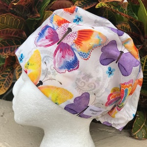 COLORFUL BUTTERFLIES - Woman surgical cap for doctor,scrub hat for vet,nurse,CNA,dentist,hyg, assistant,X-ray,chemo patient,baker & chef hat