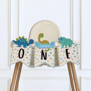Dinosaur First Birthday High Chair Banner, Personalized with Name and Age: one or two, Dinosaur 2nd Birthday, One a saurus Party Decor
