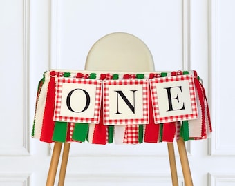 Italian Theme High Chair One Banner and Fabric Garland: Green, Red and White 1st Birthday Decoration