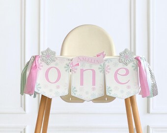 Winter ONE-derland High Chair Banner, Personalized Snowflake Girl 1st Birthday Party Decor