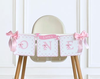 Pink Bow High Chair Banner: Personalized Coquette Theme, Girl First Birthday Decor