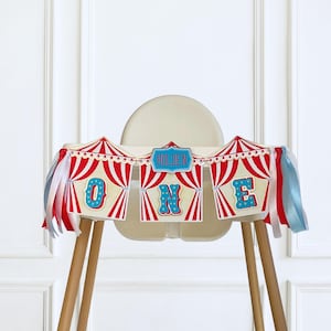 Circus High Chair Banner, Personalized Carnival 1st or 2nd Birthday Decorations: Red, Blue and Gold