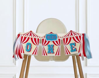 Circus High Chair Banner, Personalized Carnival 1st or 2nd Birthday Decorations: Red, Blue and Gold