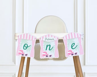 Pool Cabana High Chair Banner, Personalized Girl First Birthday: Beach Club Party Decor