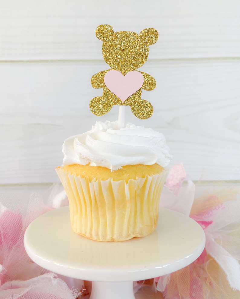 Teddy Bear Girl Baby Shower Decorations Pink and Gold Teddy Bear Cupcake Toppers Set of 12 Teddy Bear Picnic 1st Birthday