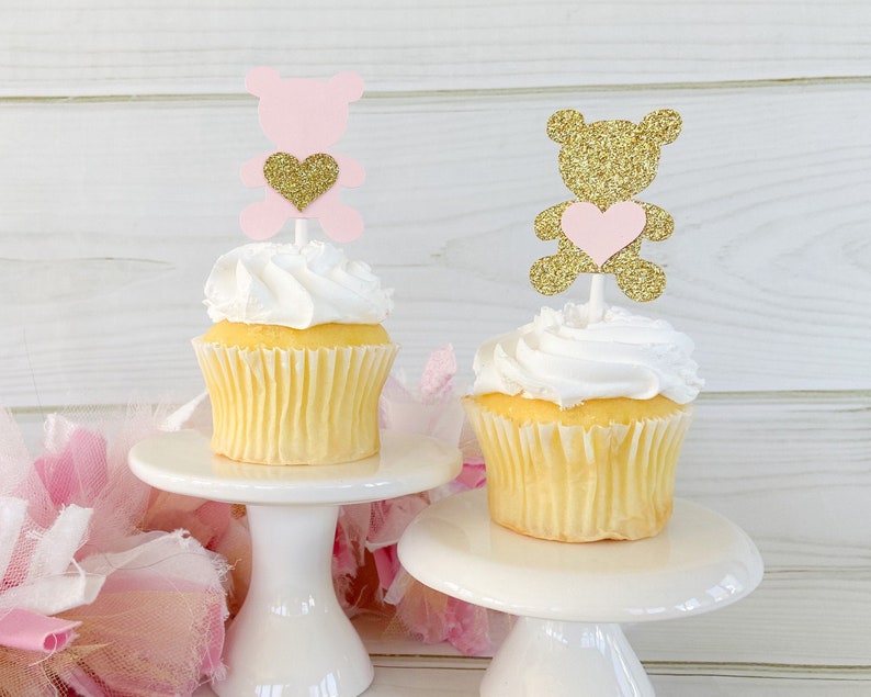 Teddy Bear Girl Baby Shower Decorations Pink and Gold Teddy Bear Cupcake Toppers Set of 12 Teddy Bear Picnic 1st Birthday