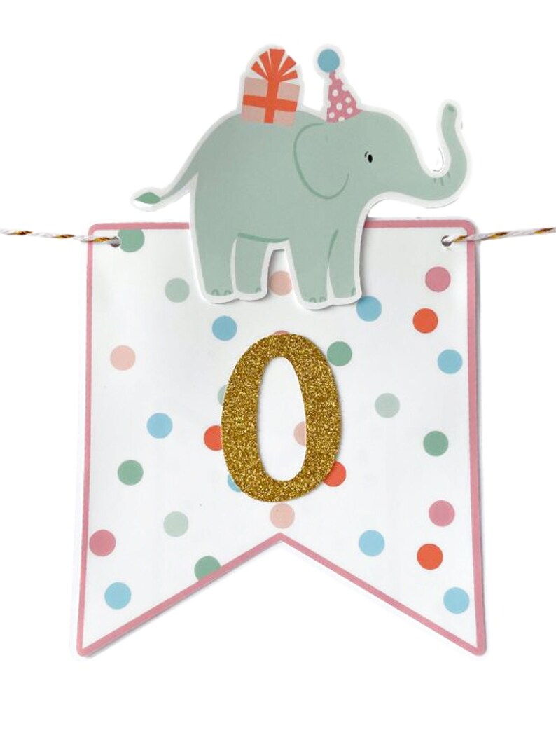 May include: A festive banner with a light green elephant wearing a party hat and carrying a gift. The banner is white with colorful polka dots and a gold glitter "0". The banner is strung with gold and white twine.