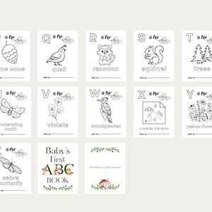Puede incluir: Un conjunto de tarjetas did&aacute;cticas en blanco y negro con ilustraciones del alfabeto, incluyendo animales y objetos. El texto "Baby's First ABC Book" est&aacute; presente en una de las tarjetas.