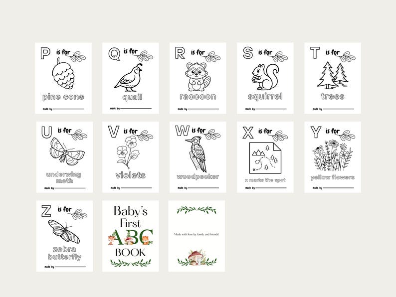 Puede incluir: Un conjunto de tarjetas did&aacute;cticas en blanco y negro con ilustraciones del alfabeto, incluyendo animales y objetos. El texto "Baby's First ABC Book" est&aacute; presente en una de las tarjetas.