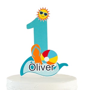 Pool Party Cake Topper Personalized Name and Age, Beach Ball Summer Theme Birthday Party Decor