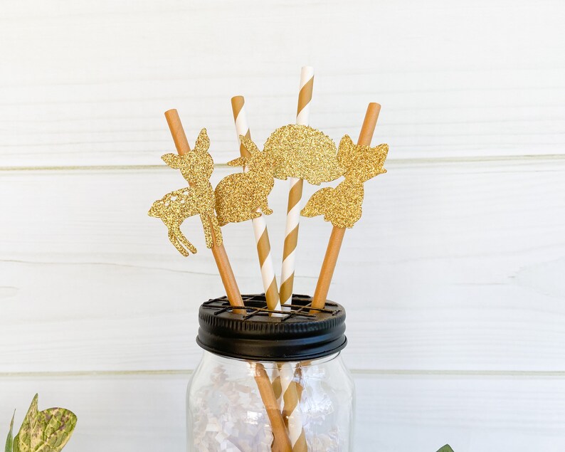 Deer Birthday and Baby Shower Decorations Set of 12 Woodland Animal Gold Glitter Party Straws Fox Straws