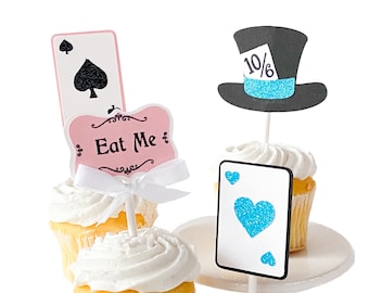 Alice in Wonderland Cupcake Toppers: Mad Hatter Onderland Tea Party, Set of 12