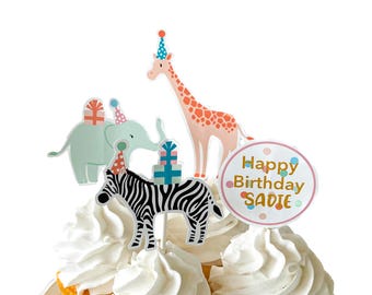 Personalized Safari Party Animal Cupcake Toppers: Girl Birthday Party Decor - Set of 12