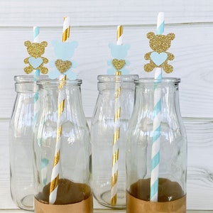 Teddy Bear Party Straws, Blue & Gold Baby Shower/Birthday Decor (Set of 12)