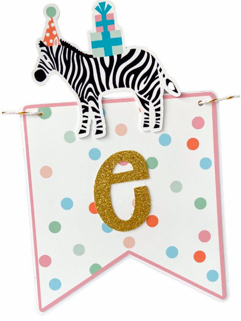 May include: A white banner with a pink border and colorful polka dots. A gold glitter letter "e" is centered on the banner. A zebra with a party hat and gifts is attached to the top of the banner. The banner is strung with gold and white twine.