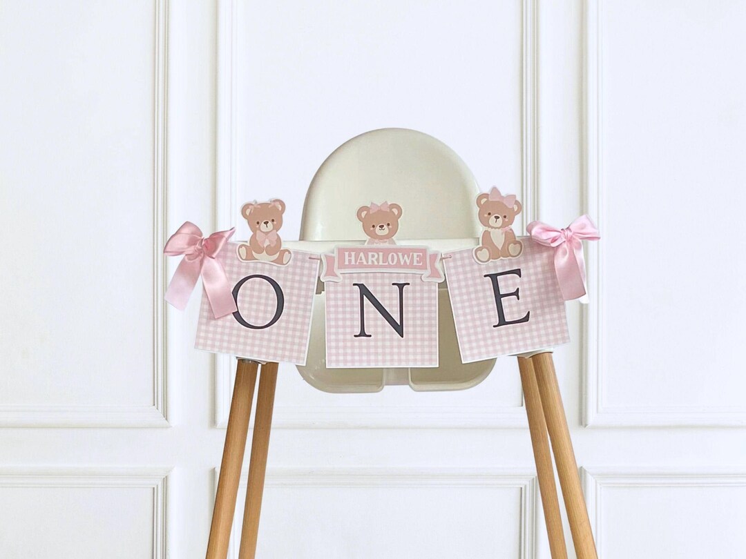 Teddy Bear High Chair Banner, Personalized Gingham Coquette Beary 1st ...