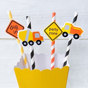 Construction Truck Straws: Birthday Party Decorations, Set of 12