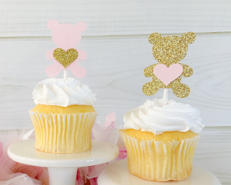 Teddy Bear Girl Baby Shower Decorations Pink and Gold Teddy Bear Cupcake Toppers Set of 12 Teddy Bear Picnic 1st Birthday
