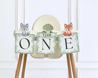 Woodland Animal High Chair One Banner, Boy or Girl 1st Birthday Party Decor